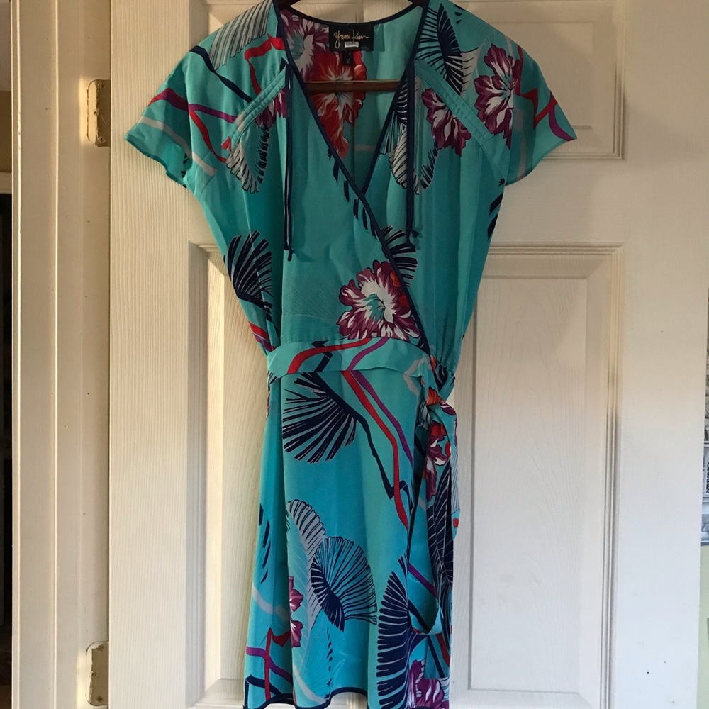 Yumi Kim 100% Silk Wrap Front Tie Blue Dress Small